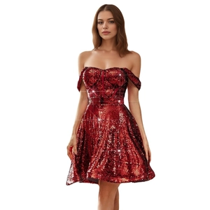 Sparkly red sequin off-the-shoulder cocktail dress with slim waist and short flared skirt