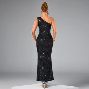 Elegant one-shoulder sequin mermaid evening gown in black and silver for formal events