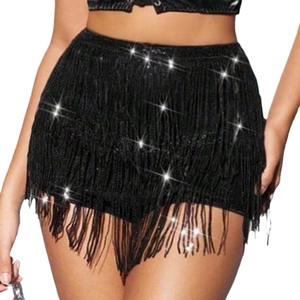 Sparkling black sequin fringe hot pants with high waist and zipper for party wear