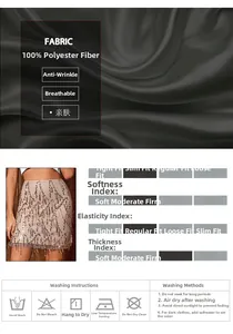 Detailed fabric guide for champagne sequin high waist mini skirt showing texture and care