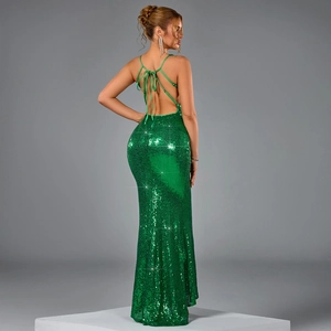 Elegant emerald green sequin halter maxi dress with backless tie design and mermaid silhouette