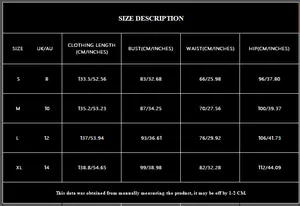 Size chart detail for sequin halter jumpsuit with measurements in CM and inches