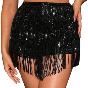 Elegant high waist black sequin shorts with long tassels for cocktail party fashion
