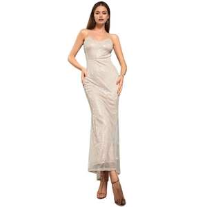 Robe longue élégante en paillettes champagne avec col en V et coupe sirène raffinée