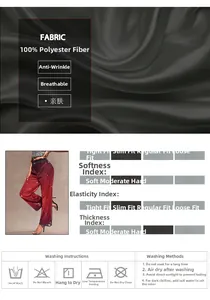 Detail view of red sequin wide leg trousers showing 100% polyester fabric and care guide
