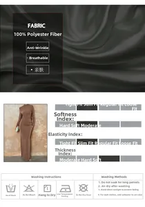 Detail view of brown polyester fabric texture and care instructions for the evening dress