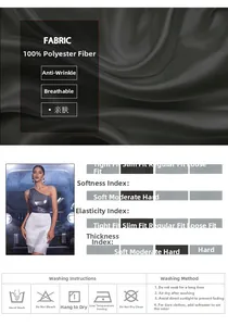 Detail showing polyester fabric texture and care guide for metallic off-shoulder fringe dress