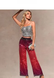 Close-up of high-waist wide leg sequins trousers with purple to red gradient design