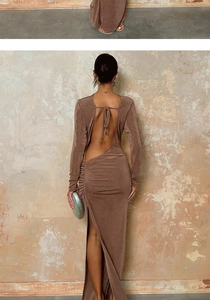 Detailed back view of a brown open back maxi dress with ties and side slit detail