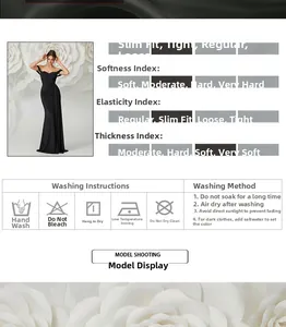 Detail view of black off-shoulder evening dress showing material and washing instructions