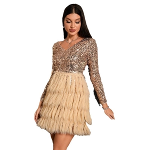 Champagne sequin V-neck party dress with long sleeves and tiered faux feather skirt details