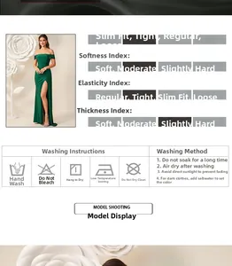 Size chart for dark green off-shoulder evening dress with fabric and care details