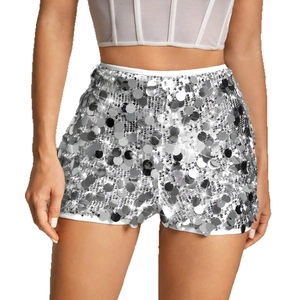 Sparkly silver sequin high waist shorts with white trim for festive party wear