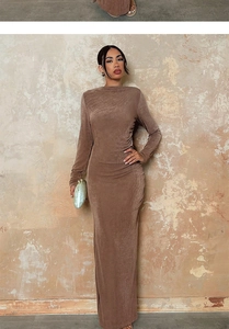 Detailed view of brown long sleeve evening dress with waist ruching and slim mermaid fit