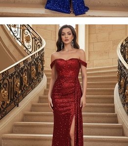 Detailed view of red sequin evening gown featuring an off-shoulder neckline and high leg slit
