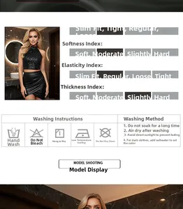Detail view of black sequin halter top and leather skirt with sizing and care instructions