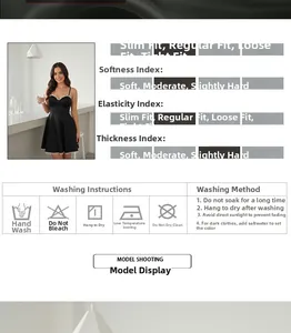 Detail view of black V-neck mini dress with contrast trim and care instructions panel