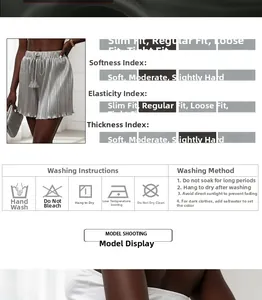 Detailed chart showing metallic silver pleated shorts fabric and washing instructions