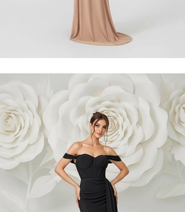 Detail of elegant backless floor-length dress with champagne shimmer fabric and slit
