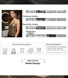 Detail of gold metallic sequin halter top with fabric softness and elasticity index charts