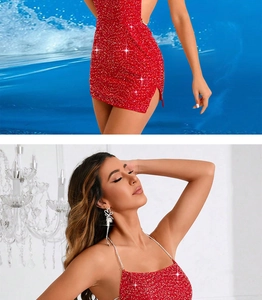 Détail de la robe de cocktail à paillettes rouges avec fente latérale et dos nu élégant