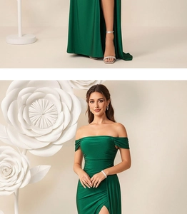 Detail of high-slit dark green off-shoulder evening gown and elegant silver high heel sandals