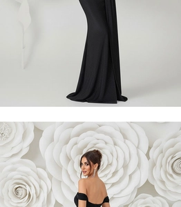 Detail of elegant black off-shoulder evening gown with shimmering fabric and fishtail hem