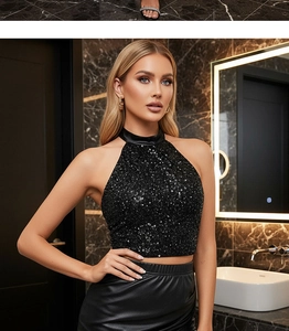 Detail of black sequined halter top with satin tie showing shimmering texture and slim fit