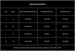 Detailed size chart for high waist sequin wide leg pants with CM and inch measurements
