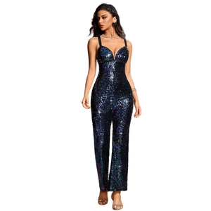 Sparkly black sequin jumpsuit for women with V-neckline and open back for party wear