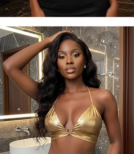 Detail of metallic gold tube top with neck tie and metal ring buckle design