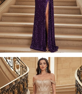 Detail of luxury sequined evening gowns featuring high slit and off-shoulder fishtail cuts