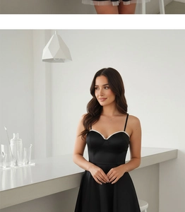 Detail shot of black satin party dress with elegant white lace trim and V-neckline finish