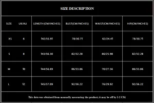 Size chart showing XS to L measurements for the brown long sleeve backless evening dress