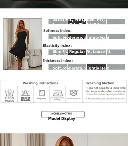 Detailed size chart for black halter backless cocktail dress with fabric care info