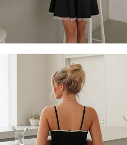 Close-up of black V-neck cocktail dress with white lace trim and open back details