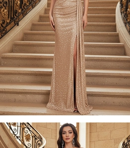 Detail of champagne gold sequin evening gown featuring side slit and ruched waist design