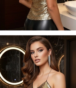 Detail of shimmering gold sequin halter top with elegant rhinestone tassel earrings