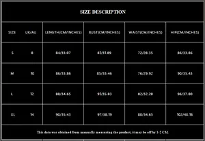 Detailed size chart for party dress in S to XL with UK and AU measurements in CM and inches