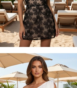 Detail of elegant black dress with large floral patterns and shimmering sequins accents