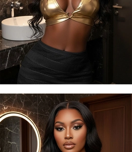 Detail of metallic gold tube top with backless design and black knit textured skirt
