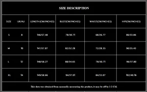 Detailed size chart for high waist evening dress showing S to XL measurements and dimensions