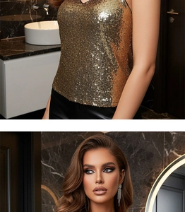 Detail of gold sequin halter top with V-neckline and elegant tassel earrings