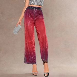 Women Elegant Sequin Wide Leg Pants High Waist Elastic Waistband Gradient Sparkly Party Trousers For Celebration Evening Event