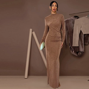 Women Elegant Brown Backless Maxi Dress Long Sleeve Ruched High Slit Fishtail Evening Gown Banquet Party Slim Dress