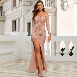 Elegant champagne V-neck long sleeve evening gown with high slit and sequin detail