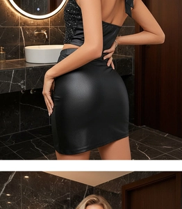 Detail showing black sequin halter top paired with a sleek PU leather mini skirt set