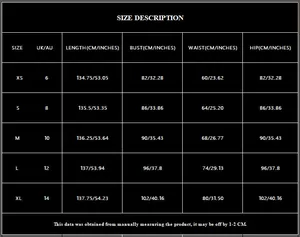 Detailed size chart for V-neck sequin evening dress with measurements in cm and inches