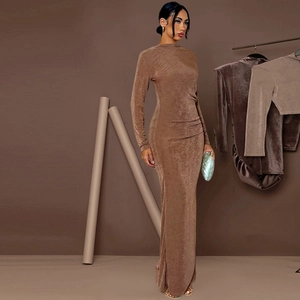 Elegant brown long sleeve backless evening gown with floor-length fishtail silhouette