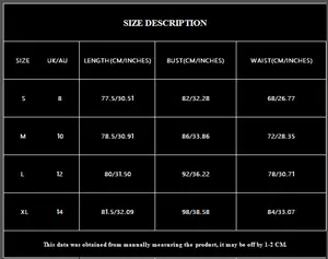 Size chart for black V-neck party dress showing bust and waist in cm and inches